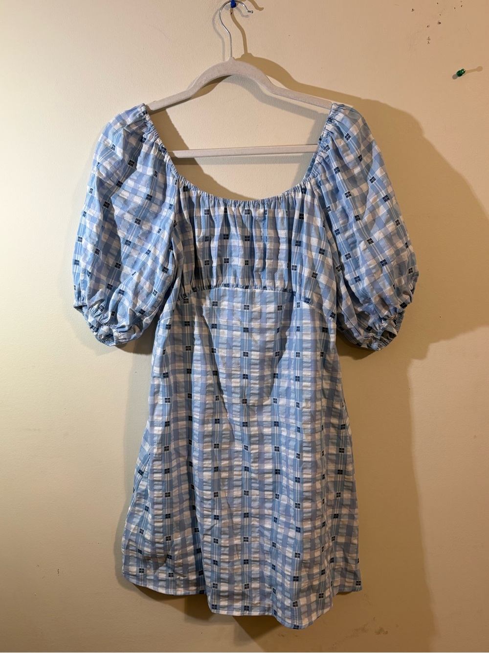 H&M dress puff-sleeved mini women’s small square neckline blue White Plaid